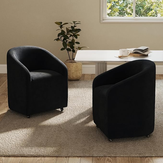 Modern Barrel Dining Chairs with Rolling Casters Set of 4, Upholstered Velvet Swivel Dining Room Chairs with Wheels for Kitchen Living Room Home Office, Black