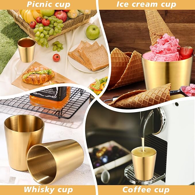 Amyhill 12 Pieces Stainless Steel Cups Double Wall Tumbler Glasses Stackable Metal Drinking Cups Insulated Drinking Glasses Reusable Camping Mugs for Home Camping RV BBQ Office Party(Gold,8.8 oz)