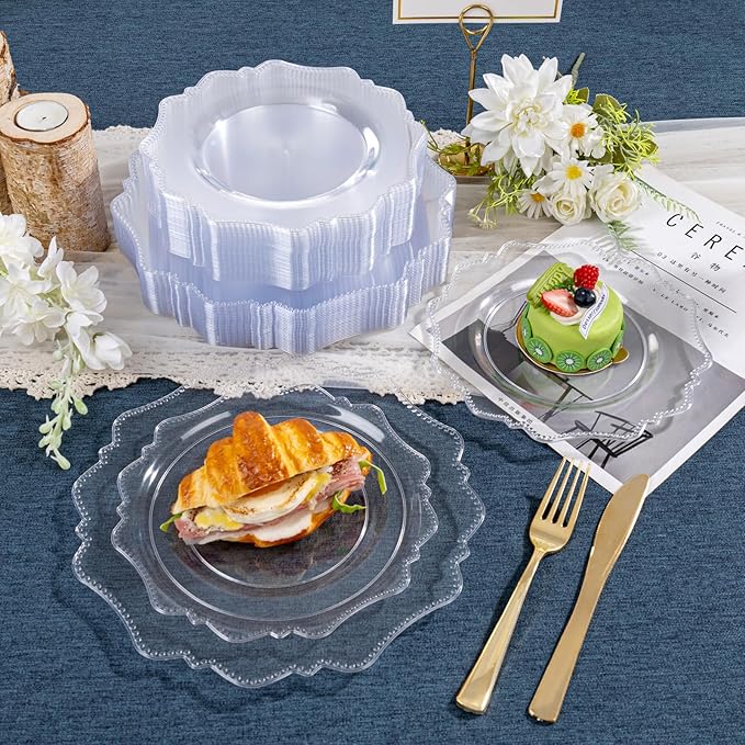 COLOSUS 60pcs Clear Plastic Plates Disposable -Heavy duty Plastic Party Plate set Include 30 dinner plates and 30 dessert/salad plates for Party/Wedding