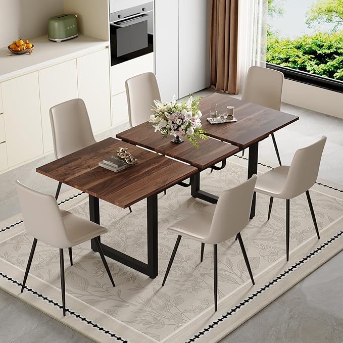 Extendable Dining Table Set for 4, 55"–71" Modern Wood Kitchen Table with 4 Upholstered Chairs, Space-Saving for Living Room Apartment, Sturdy & Comfortable, Easy Assembly