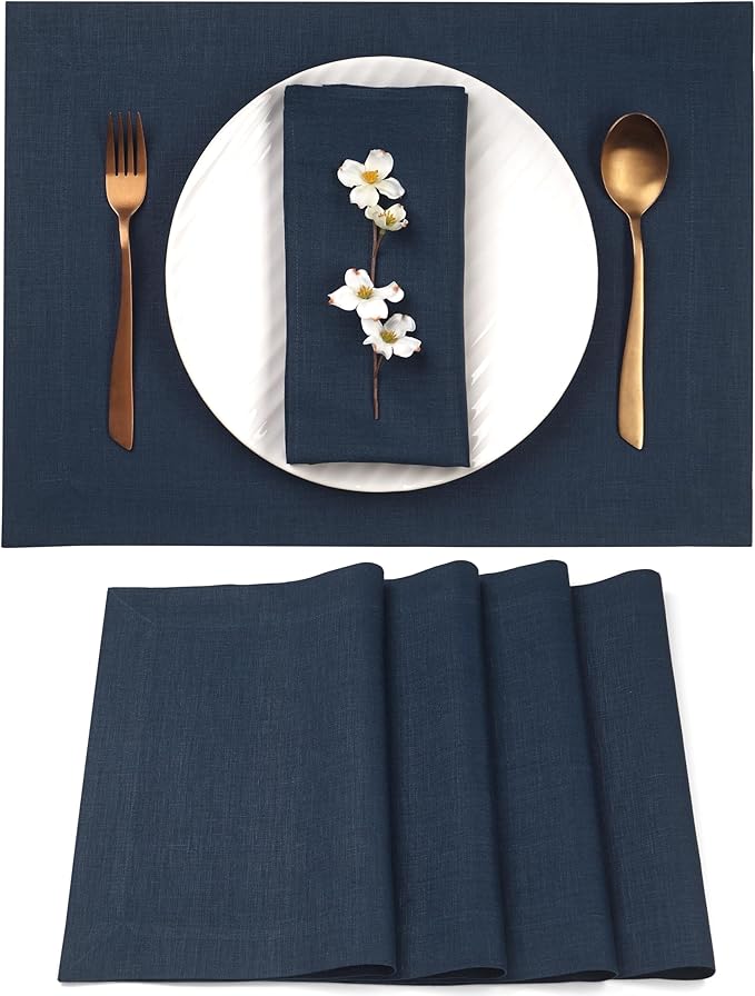 D'Moksha Homes Linen Navy Blue Placemats Set of 4-100% Pure Linen Placemats 14 x 19 Inch for Easter - Handcrafted and Machine Washable