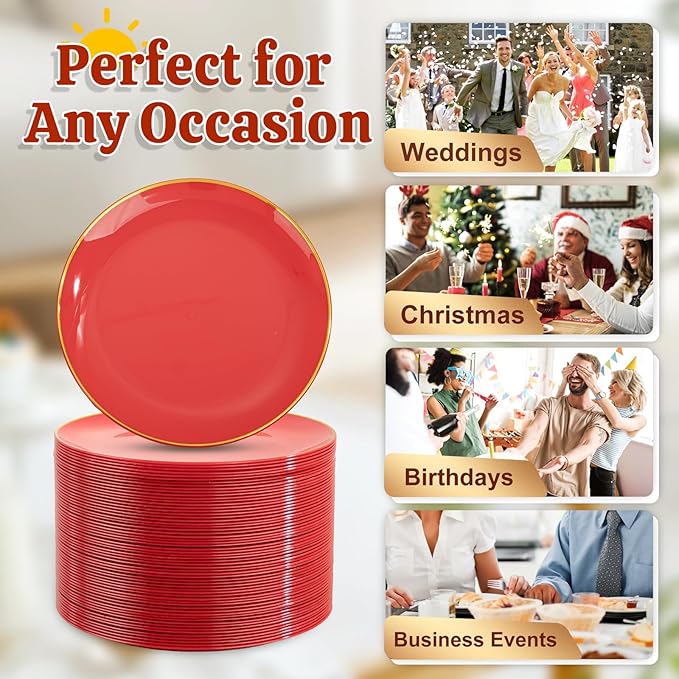 Festiva 200Pcs Red Gold Dessert Plates 6.3" with Plastic Forks 5"-Small Disposable Plates- Dessert/Cake/Appetizer Plastic Plates include 100Plates 100Forks for Birthday Party&Valentine's Day