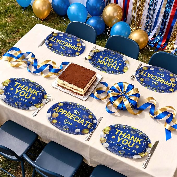 50Pcs Thank You Party Decorations We Appreciate You Oval Paper Plates 10" x 12" Heavy Duty Blue Gold Appreciation Paper Plates for Teacher Employee Staff Volunteer Appreciation Party Supplies
