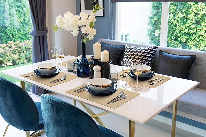 More Décor Faux Leather Placemats Set of 6 for Dining Table – Waterproof, Wipeable, Washable, Stain & Heat Resistant, Non-Slip Table Mats – 12 X 17 Inch, (Solid Beige 6)
