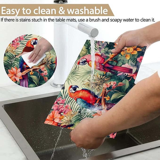 Placemats Set of 6 Tropical Parrot Forest Place Mats Washable Kitchen Dining Linen Table Mats Stain Heat, for Home Party Indoor 12x18 in