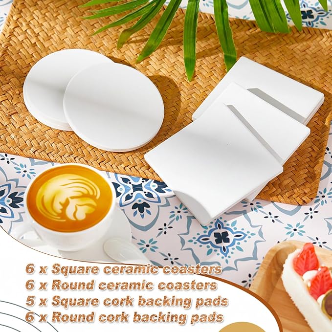 Zopeal 24 Pcs Ceramic Tiles for Crafts Coasters Include Unglazed White Ceramic Tiles with Cork Backing Pads Use with Alcohol Ink Acrylic Pouring for DIY Project Gift (Square,Round)