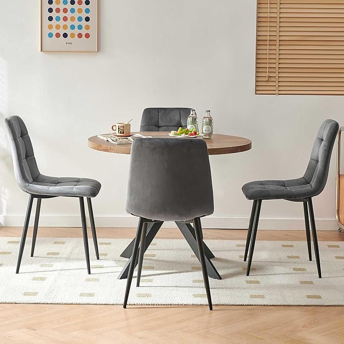 Round Kitchen Table and Chairs Set for 4, 37" Round Dining Table MDF Faux Wood Tabletop, Grey Velvet Dining Chairs Upholstered Side Chair with Back
