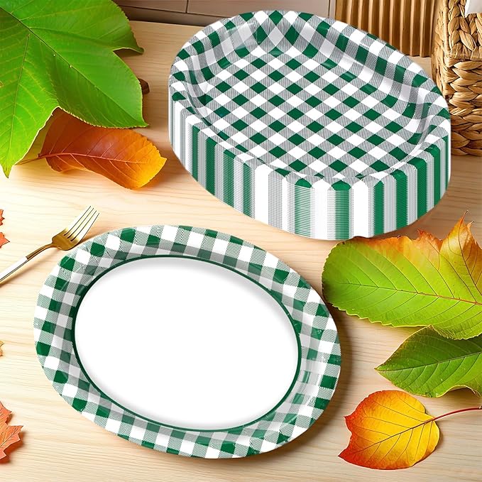 50Pcs Spring Gingham Oval Paper Plates 10" x 12" Large Disposable Heavy Duty Green White Buffalo Checked Plaid Dessert Platters Plates for Spring Birthday Picnic BBQ Party Supplies