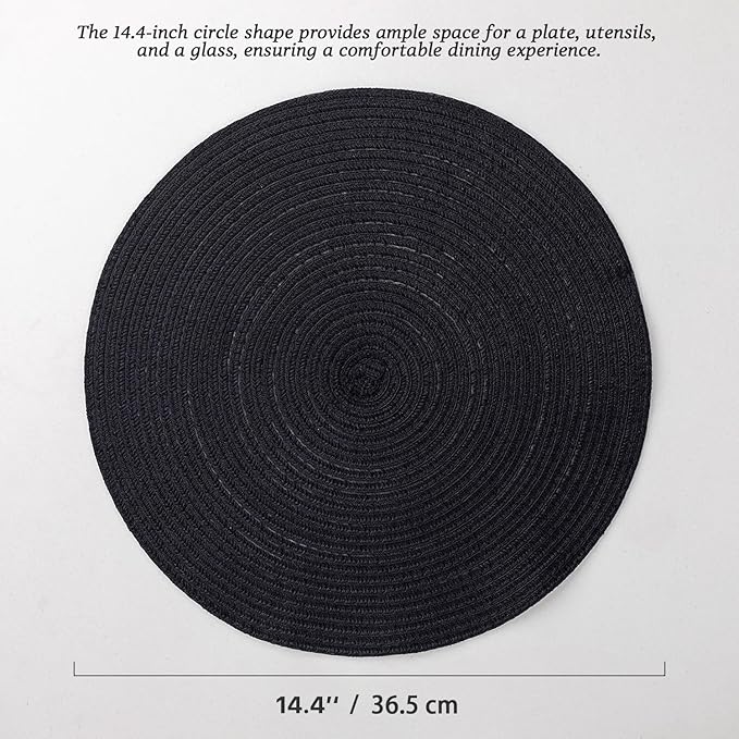 Round Placemats Set of 8 Woven Placemats Washable Braided Table Mats for Dining Table Heat Resistant Non-Slip Circle Place Mats(Black)
