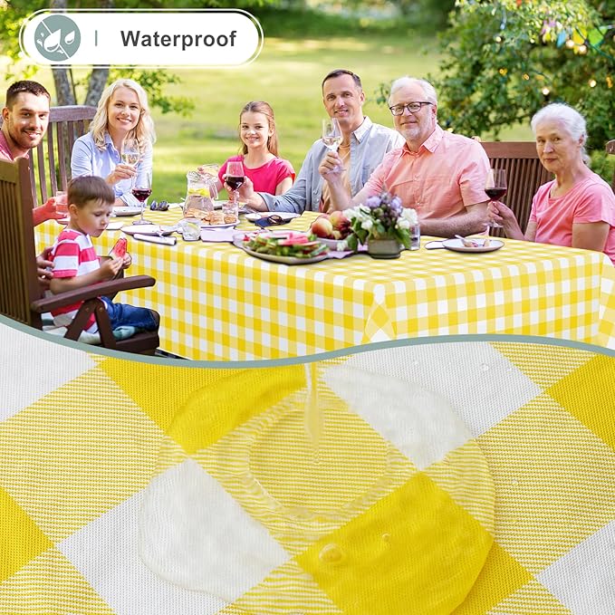 misaya Rectangle Waterproof Vinyl Table Cloth, Buffalo Flannel Backed Tablecloth, Wipeable Plastic Table Cover for Dinner, Kitchen, Outdoor (60" x 102", Yellow and White)