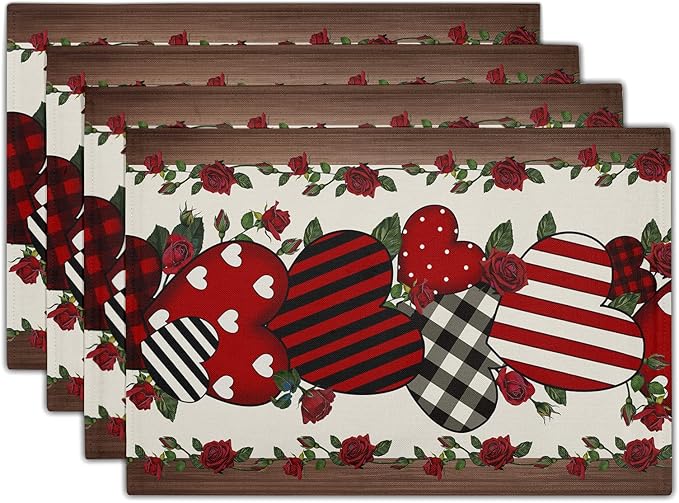 Red Hearts Placemats - Love Place Mats Set of 4 Rose Flower Tablemats 12x18 for Dining Kitchen Farmhouse