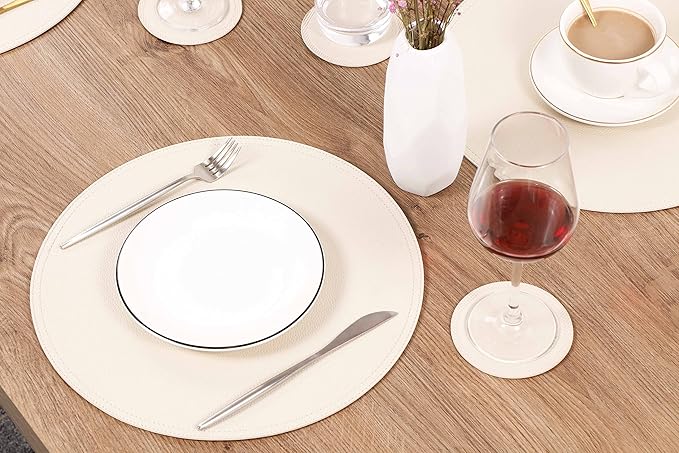 Set of 4 Faux Leather Round Placemats and Coasters, Coffee Mats Kitchen Table Mats, Waterproof, Easy to Clean for Kitchen Dining Round Table