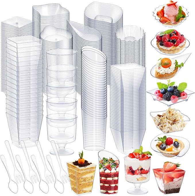 Tessco for you 1600 Pcs Mini Appetizer Plates Dessert Cups with Spoons Forks Set Assorted Shape Plastic Parfait Cups Dessert Plates Container Bowls with Disposable Spoon Fork for Party (Clear)
