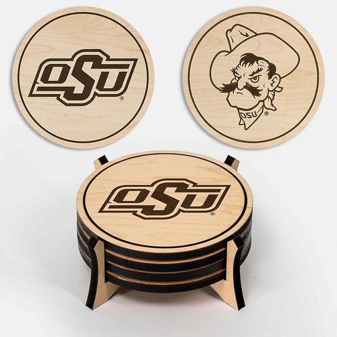 LazerEdge Oklahoma State Cowboys Wooden Coaster Set - Maple Wood - Officially Licensed Product - 4-Pack