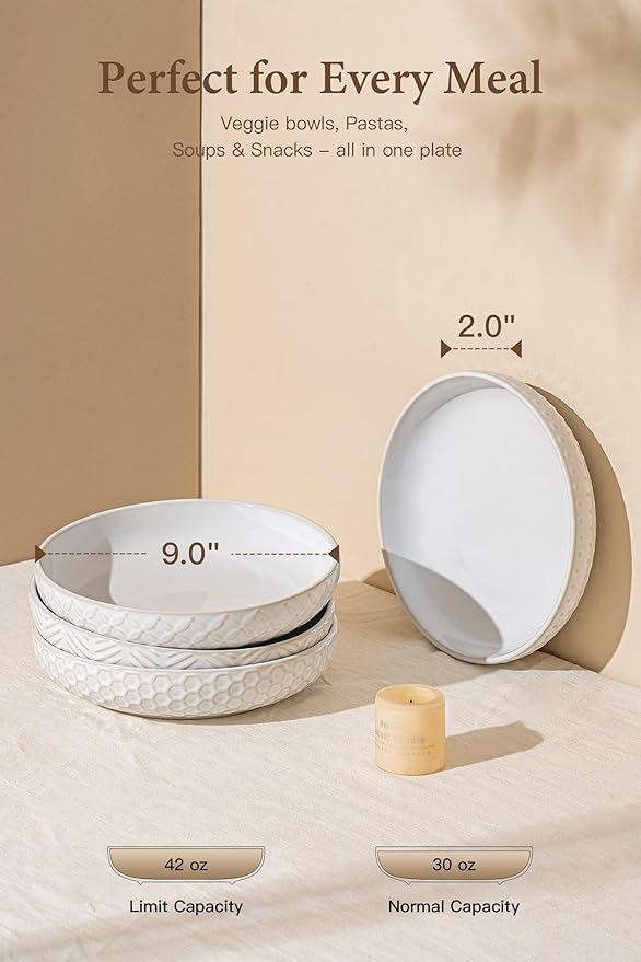 Embossed Ceramic Pasta Bowls, 42 oz Bowl Plates Set,9-Inch Large Serving Bowls Set of 4, Perfect for Pasta, Salad, Fruit, Sturdy&Stackable, Microwave & Dishwasher Safe