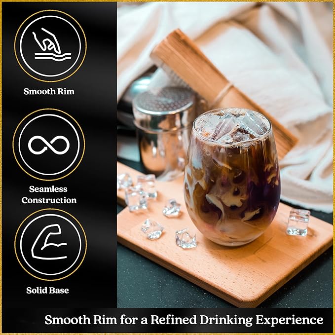 Voted New York Times Best Stemless Glass 2017, Elegant, Thin, European-Made,100% Lead-Free Crystalline Stemless Wine Glasses, Set of 6, 17 Fl Oz, Perfect for Sprits, Cocktails, Water, and Smoothies
