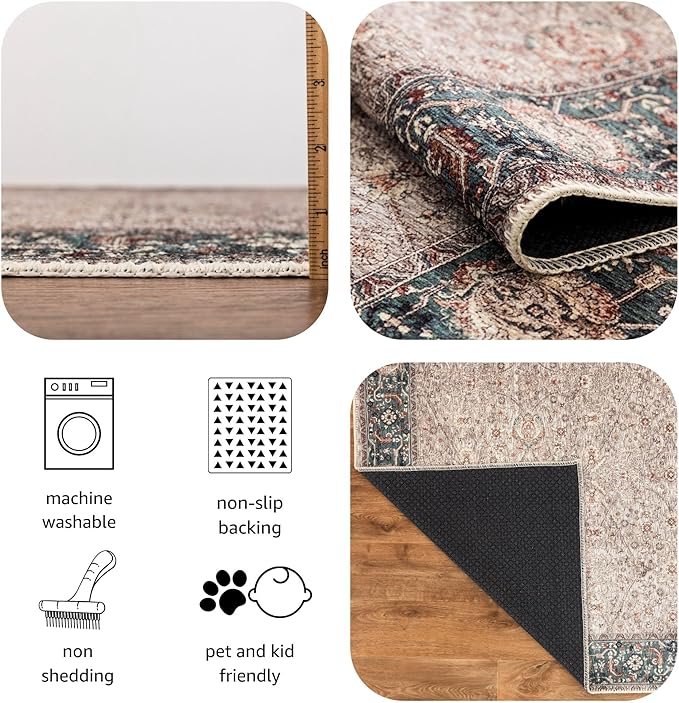 Keen Home Design 5x7 Rug - Machine Washable Area Rug with Non-Slip Backing, Ideal for Living Room, Dining Room, Bedroom - Vintage, Easy Clean, Durable, Low Pile - (5' x 7')