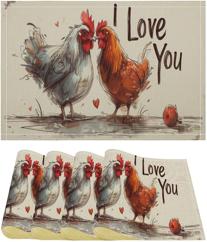 Rural Rooster Placemat Set, Vintage Farmhouse Funny Colorful Hand Drawn Watercolor Line Sketch Chicken Pattern Home Decor Linen Table Mats for Dining Room Kitchen Party (17x12in) x4P