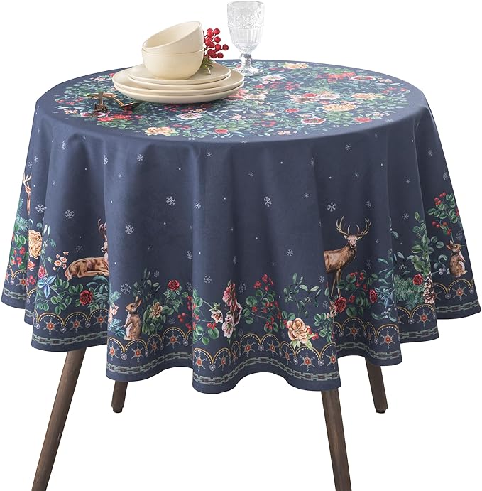 Maison d' Hermine Table Cloth Round Table 100% Cotton 69 Inches Fall Tablecloth Reusable Everyday Use for Thanksgiving Christmas Decorations Dining Farmhouse Party (Christmas Joy)