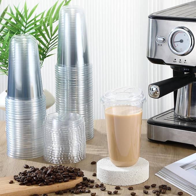 Baderke 100 Pcs Plastic Cups with Sip Lids Round Bottom Disposable Plastic Coffee Cups with Lids Clear Strawless Crystal Mugs for Iced Coffee Smoothie Cold Beverage Party Catering Supplies (18 oz)