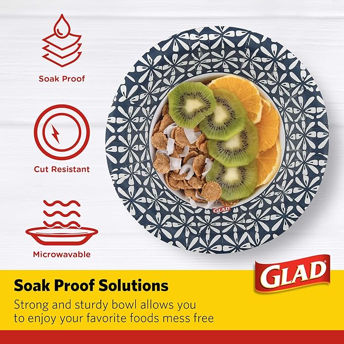 Glad Disposable Paper Bowls With Blue Mosaic Design, 16 Ounces, Soak Proof, Cut-proof, Microwaveable, 300 Count
