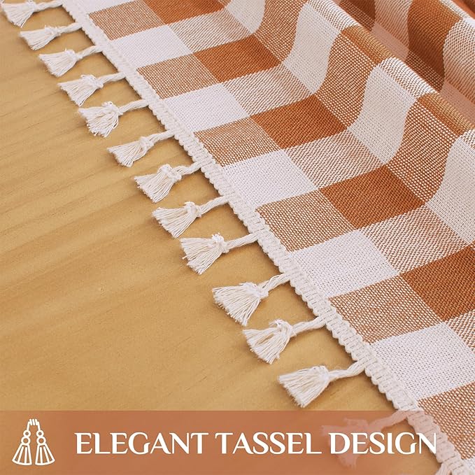 Softalker Fall Checkered Tablecloth Rectangle, Heavy Weight Linen Cotton Gingham Thanksgiving Orange Table Cloth with Tassel, Wrinkle Free Buffalo Plaid Table Cover for Dining Party- 55 x 70 Inch