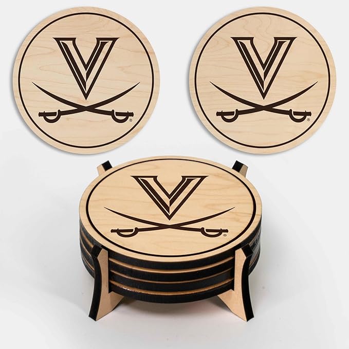 LazerEdge Virginia Cavaliers Wooden Coaster Set - Maple Wood - Officially Licensed Product - 4-Pack