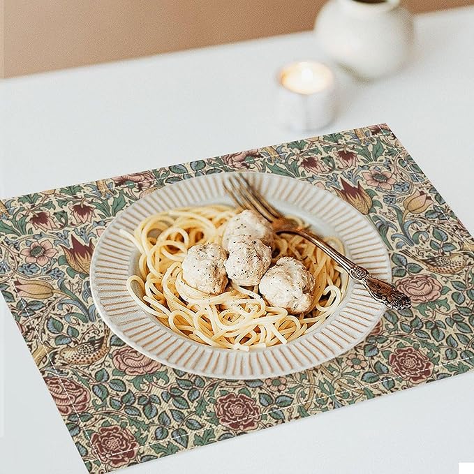 William Morris Placemat Set, Beige Blue Pink Vintage Rustic Art Exotic Ethnic Floral Bird Seamless Pattern Home Decor Linen Table Mats for Dining Room Kitchen Party (17x12in) x6P