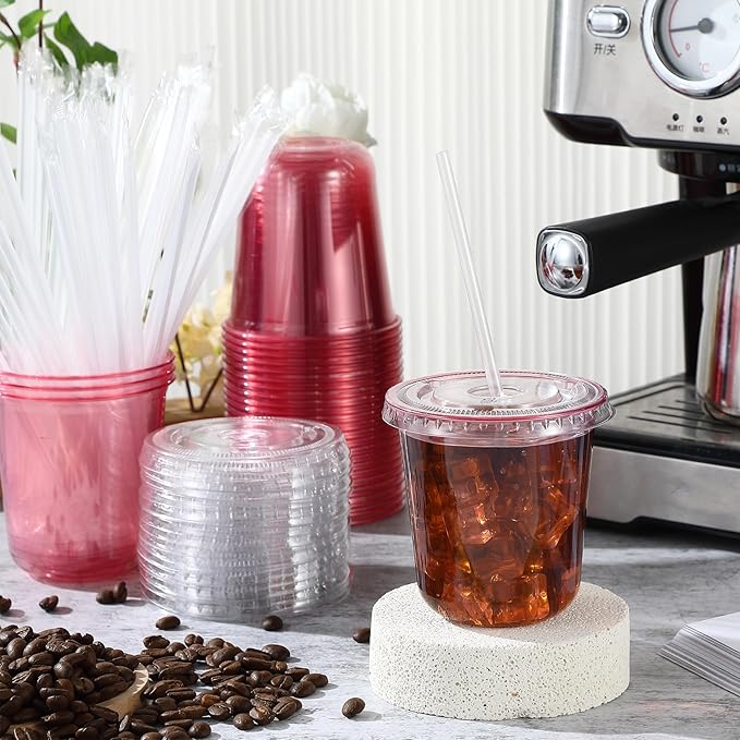 50 Sets Clear Plastic Cups with Lids and Straws, Disposable Iced Coffee Cups Drinking PET for Cold Drinks, Juice, Smoothie, Coffee Shops, Party, Christmas(Pink,12 oz)