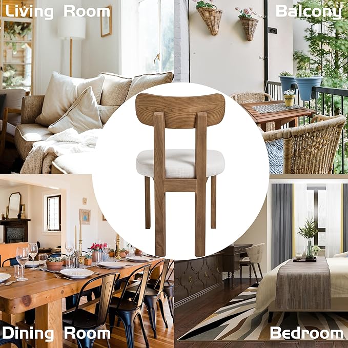 Beige Dining Chairs Set of 6, Mid Century Modern Linen Dining Room Chairs with Curved Back, Armless Kitchen Chairs for Living Room/Restaurant/Balcony/Bedroom/Home Desk/Task