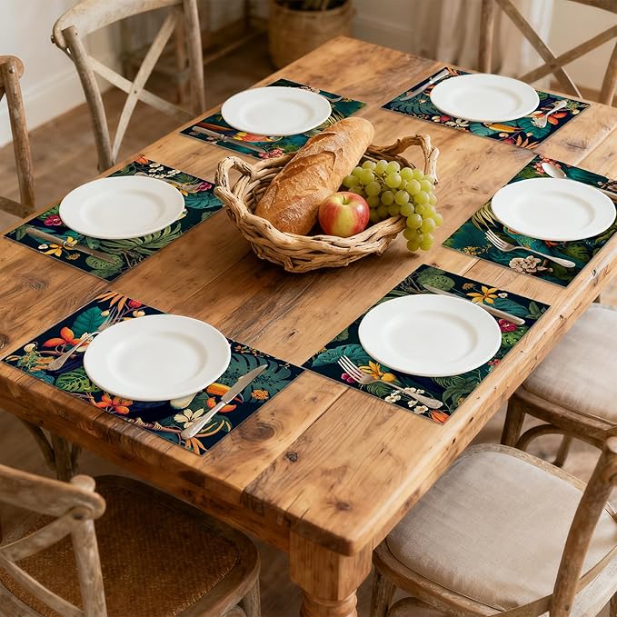 Placemats Set of 6 Tropical Forest Parrot Place Mats Washable Kitchen Dining Linen Table Mats Stain Heat, for Home Party Indoor 12x18 in