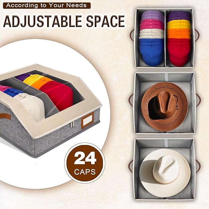 2-in-1 Hat Organizer for Baseball Caps Holds 24-30 Caps Hat Storage with Adjustable Divider Stackable Hats Holder for Closet with Clear lid Cowboy Hat Box for Men Women 1 PCS Beige and Grey