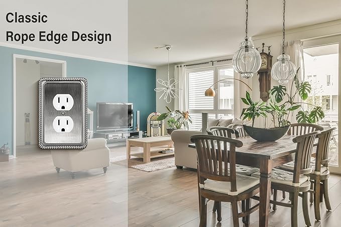 Henne Bery Rope Edge Decorative Wall Plate Switch Plate Outlet Cover (Single Duplex, 3 Pack, Heirloom Silver)