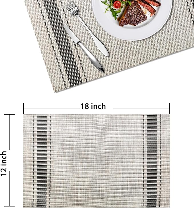 Placemats Set of 4 Vinyl Washable Gray Placemats, 18"x12" Wipeable Heat-Resistant Non-Slip Easy Clean Table Mats Ideal for Dining Table Table Runner and Outdoor(4, Grey Wide Stripe)