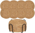 8 Pcs Drink Coasters with Holder, Handwoven Cotton Coasters Set Stackable Absorbent Minimalist Home Decor for Table, Cup, Mug (Hemp Rope)