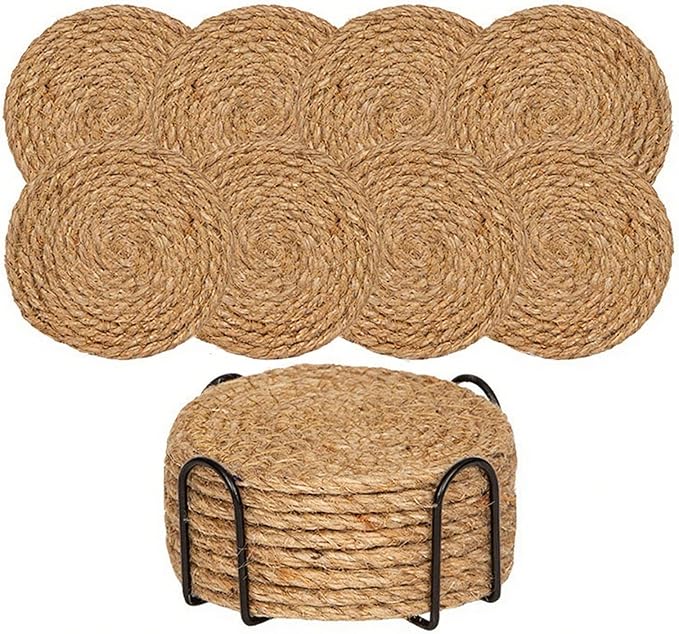 8 Pcs Drink Coasters with Holder, Handwoven Cotton Coasters Set Stackable Absorbent Minimalist Home Decor for Table, Cup, Mug (Hemp Rope)