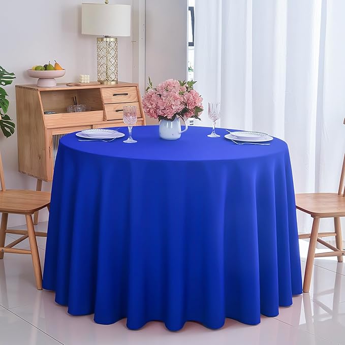2-Pack Round 120-inch Royal Blue Table Cloths, Solid Stain and Wrinkle Resistant Circular Tablecloth, Premium Plain Weave Polyester Fabric Table Linen Covers for Hotel, Banquet