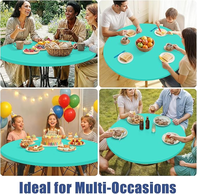 Round Spandex Tablecloth, Elastic Fitted Waterproof Tablecloths for 45"-56" Tables, Stretch Washable Picnic Table Cover for Camping, Dining, Indoor and Outdoor,Aqua Blue