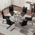 47.2" Round Glass Dining Table Set for 6, Modern 7 Piece Kitchen Table Set with Silver Stainless Steel Base & 6 PU Leather Accent Chairs, Saving Space, Dining Set for Apartment, Home - Black Chair