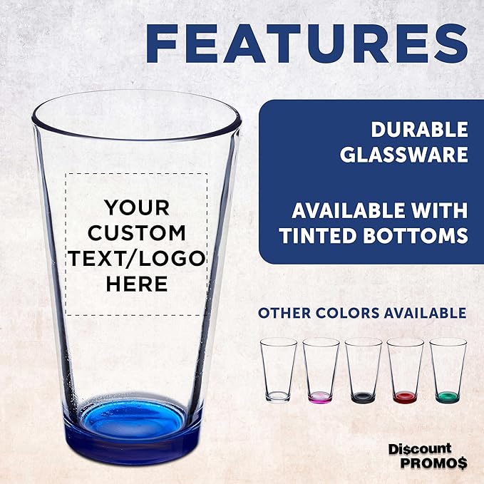 DISCOUNT PROMOS Custom Beer Pint Glasses 16 oz. Set of 10/50/100, Personalized Bulk Pack - Heavy Duty Glassware for Restaurant, Thick Base and Walls, Stackable - Blue
