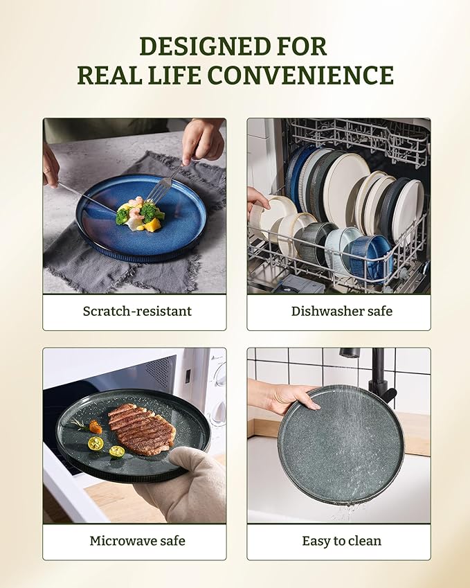 famiware Star Dinner Plates for 6, 10 inches Plate Set, Scratch Resistant, Stoneware Dinnerware, Kitchen Modern Rustic Serving Dishes, Deep Forest