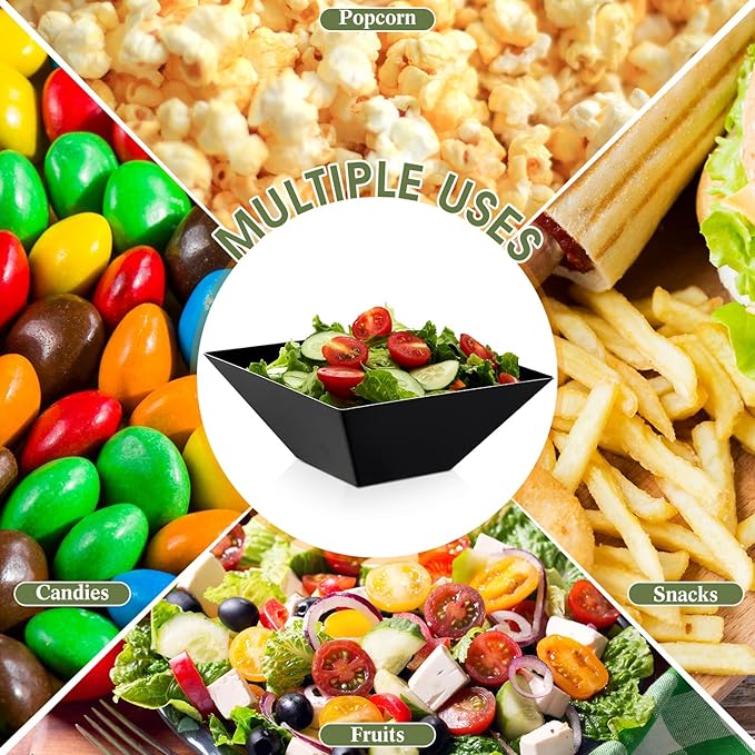 Tioncy 30 Pcs Square Plastic Serving Bowls, Medium Salad Fluted Plastic 35 oz Disposable Serving Bowls Containers for Parties, Snack, Buffet, Chips(Black,Classic)