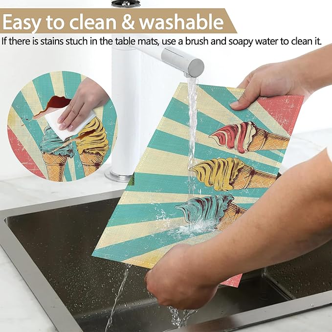 Vintage Ice Cream 12x18 Inch Placemats Set of 6 - Waterproof, Non-Slip & Washable Table Mats for Kitchen & Dining Table Placemats