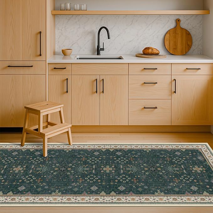 Dark Green 2x8 Non Slip Kitchen Runner Rugs - Modern Vintage Boho Eclectic Floral Pattern, Washable Low Pile Non-Slip 8ft Long Runner Rugs for Hallway, Entrance