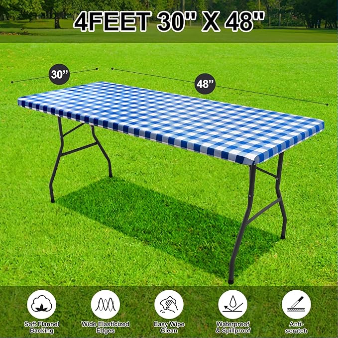 Smiry Rectangle Picnic Table Cloth, Elastic Waterproof Fitted Vinyl Tablecloths, Flannel Backed Buffalo Plaid Table Covers for Dining, Camping, Outdoor (White and Blue, 30" x 48")