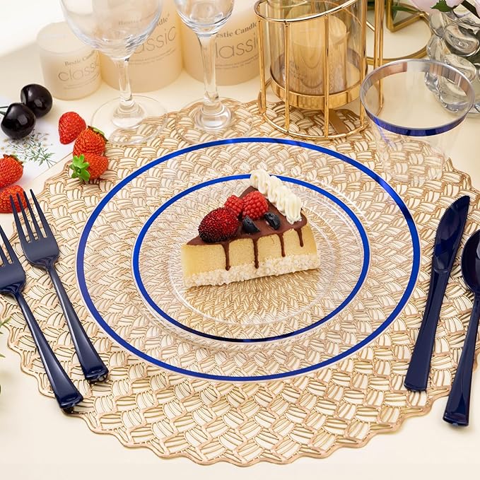 BESTSTAR 200PCS Blue and Clear Plastic Plates, Blue Disposable Plate Set with 100 Dinner Plate and 100 Dessert Plates for Party, National Day