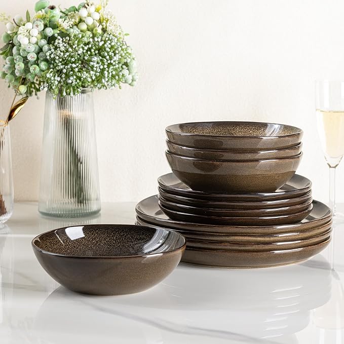 AmorArc Ceramic Dinnerware Sets,Handmade Reactive Glaze Stoneware Plates and Bowls Sets,Highly Chip and Crack Resistant | Dishwasher & Microwave Safe Dishes Set,Service for 4 (12pc)