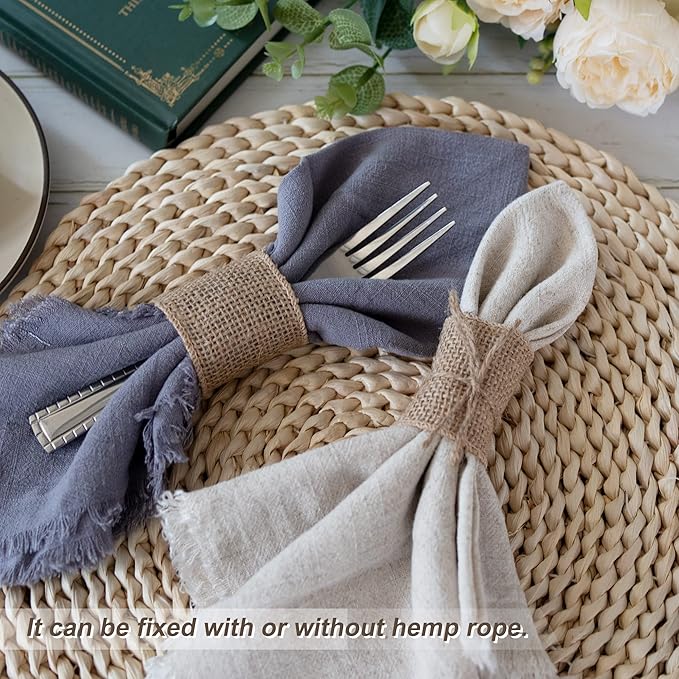 100pcs Burlap Napkin Rings with Wired Edge Disposable Napkin Rings Napkin Bands for Country Wedding Decorations Party Dinner Table Decorations