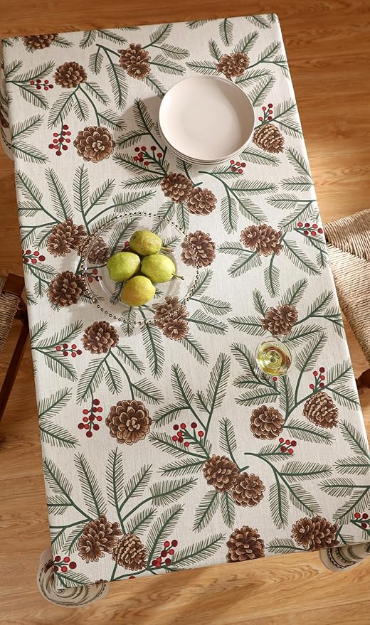 ISAENNE Designer Christmas Beige Linen Small Square Tablecloth,Pinecones Pattern Indoor Tablecloths,Washable Decor Table Cloth for Dining Thanksgiving Kitchen Christmas,55"*55"-Carol B
