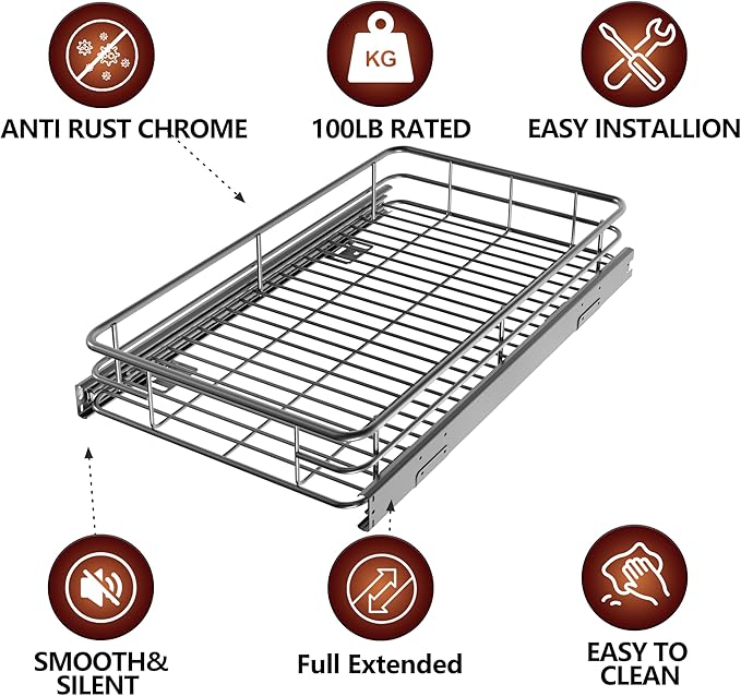 Cabinet Pull Out Shelves (14" W x 21" D), Heavy-Duty Pull Out Shelves for Kitchen Cabinets, Chrome-Plated Steel Slide Out Shelf
